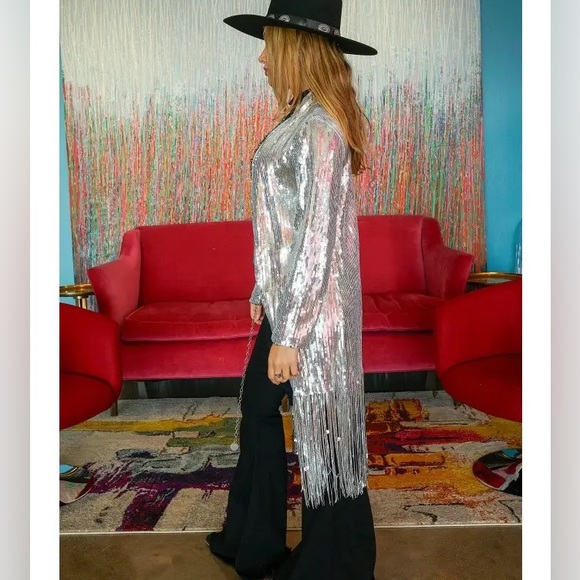 Last 1! Dazzling Silver Sequin Fringe Midi Tinsel Duster Kimono Open Front Cover - Picture 5 of 5